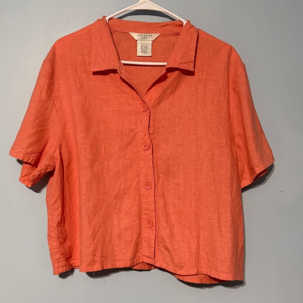 Outfit JPR Women's L Coral Orange Linen Blend Button Down Short Sleeve Shirt
